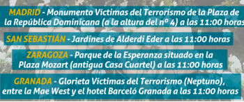 La AVT mantiene sus homenajes a las víctimas del terrorismo convocados para mañana a las 11h en Madrid, San Sebastián, Zaragoza y Granada